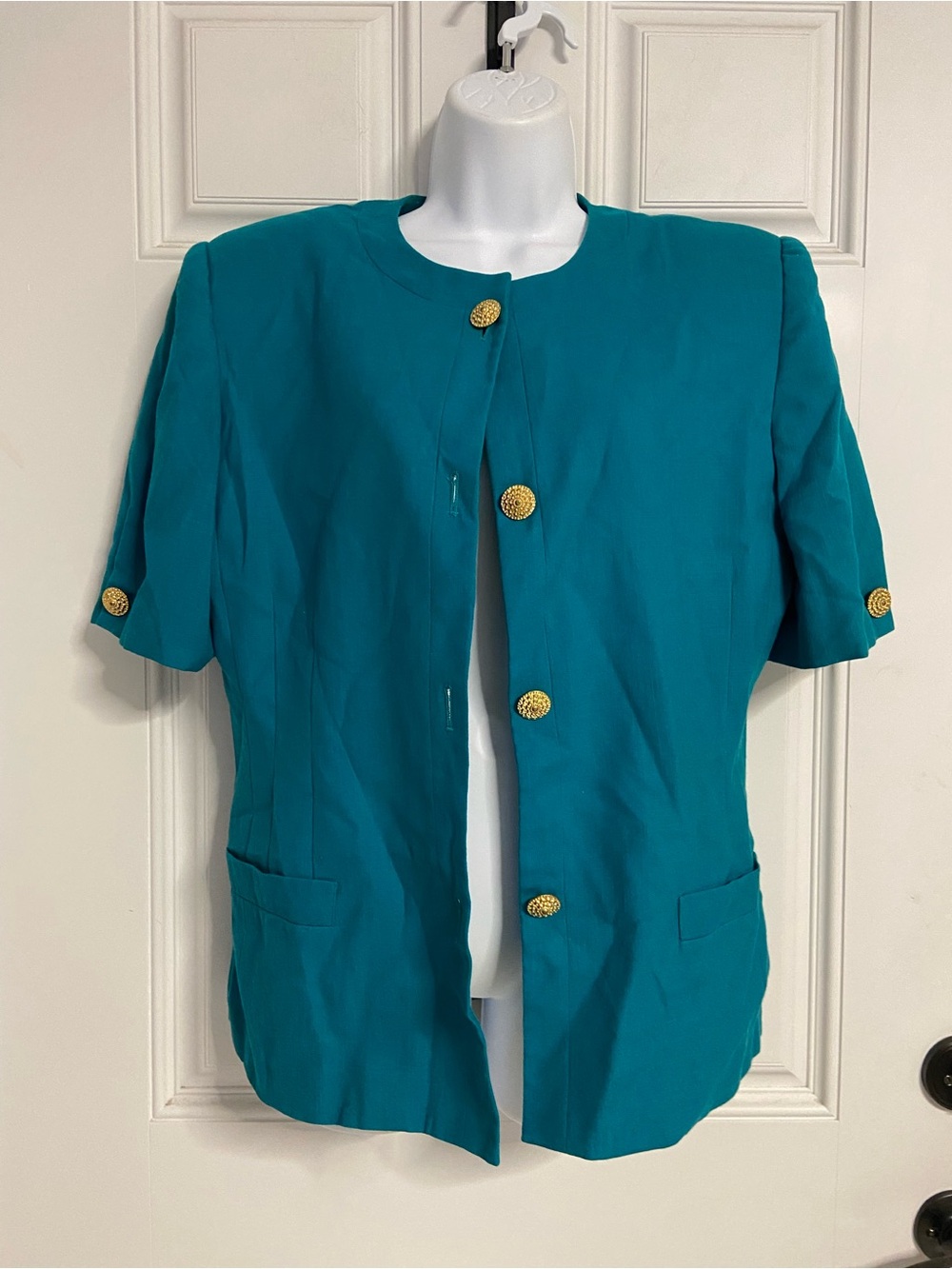 OLEG CASSINI Teal/Turquoise Short Sleeve Blazer w/ Gold Button